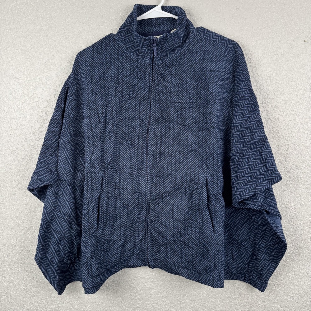 L.L.Bean Poncho Womens XS Blue Herringbone Fleece Zip Cape Jacket Item 284051